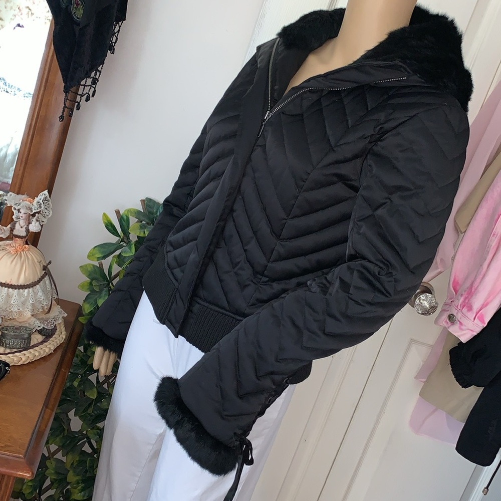 Bebe RARE Y2K Lace Up corset HOODED DOWN Fill Genuine Rabbit FUR jacket M🇨🇦 - Picture 11 of 15